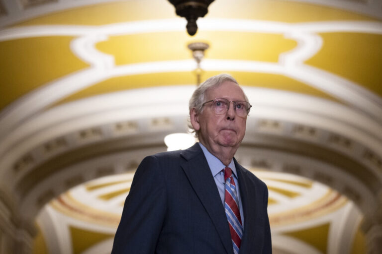 Sen. Mitch McConnell, R-Ky., arrives to a news conference at the U.S. Capitol on July 26, 2023. McConnell announced Thursday he will not seek reelection in 2026.