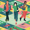 Three young adults stand in the center of the frame on a sort of game board. They look out over a series of squares featuring different symbols representing trade jobs including jobs in clean energy, construction, the medical field, plumbing, heating and cooling and animal care.