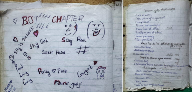 These two side-by-side photos show pages from Purity's journal. The page on the left says, among other things,