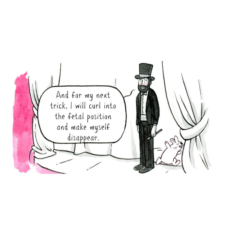 A black-and-white illustration that shows Navied, the illustrator of the comic, dressed as a magician standing on stage. His cheeks are flushing red. In a speech bubble, he says,