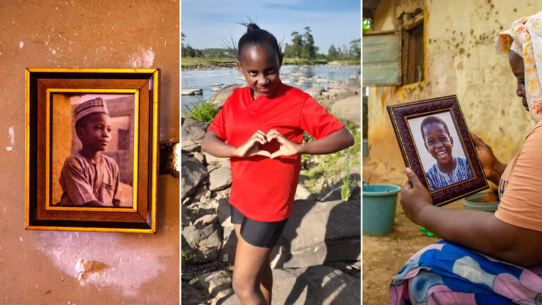The photo on the left shows a framed photo of Abdullahi Ibrahim, a young boy who is wearing a brown outfit and cap. The middle photo shows Purity Wamboi, a teenager. She is wearing a red T-shirt and black shorts, and she's making a heart shape with her two hands. In the photo on the right, a woman is holding a framed photo of Ibrahim Garba, a young boy with a wide smile.