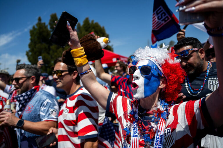 Shannon Malone cheers before marching to the San Francisco Bay Area stadium for the FIFA World Cup game between the USA and Bosnia-Herzegovina in Santa Clara, Calif., on July 1, 2026.