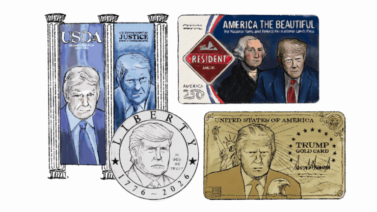 An illustration of four items with Trump's name and face on them: banners hanging on buildings, a national park pass, a $1 coin and a visa card.