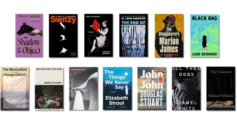 The Shadow of the Object by Chloe Aridjis; Switzy by Emma Cline; Helen of Nowhere by Makenna Goodman; The End of Everything by M. John Harrison; The Disappearers by Marlon James; Black Bag by Luke Kennard; The Renovation by Kenan Orhan; May We Feed the King by Rebecca Perry; The Palm House by Gwendoline Riley; The Things We Never Say by Elizabeth Strout; John of John by Douglas Stuart; All Them Dogs by Djamel White; The Vivisectors by Missouri Williams