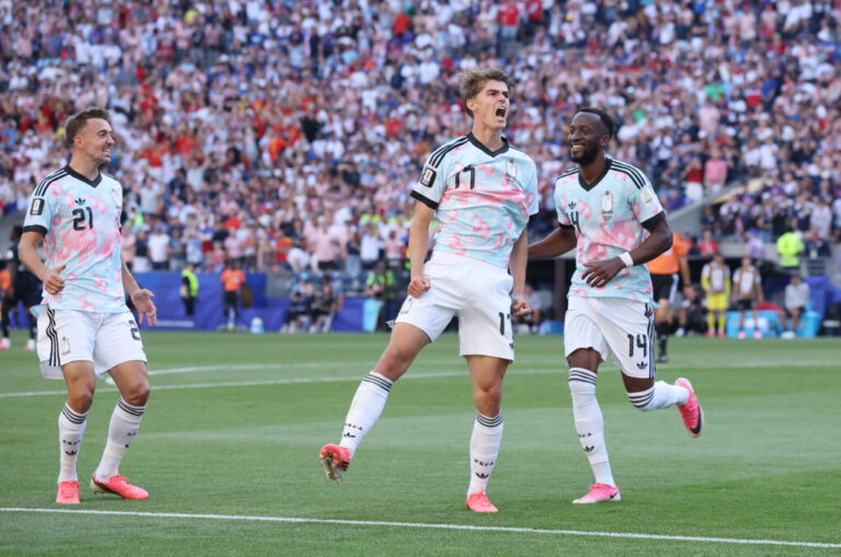 Charles De Ketelaere #17 of Belgium celebrates after scoring his team's second goal during the World Cup Round of 16 match against the United States on Monday in Seattle.