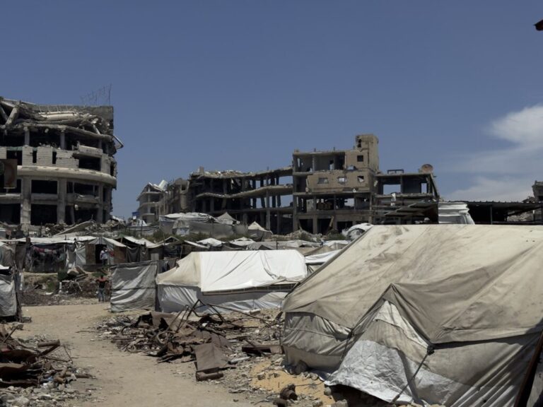 Tents stand amid the rubble of destroyed homes in al-Shujaiya, Gaza Strip, where displaced families endure harsh living conditions inside a new orange zone with nowhere else to go, on May 31.