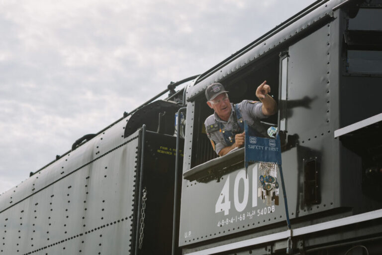 Ed Dickens, the senior manager of Union Pacific Heritage Operations, looks out to the crowd of attendees from Union Pacific’s Big Boy No. 4014, the world’s largest operating steam engine locomotive, during a stop in Philadelphia, Pennsylvania on Sunday, July 5, 2026. Dickens is the head the steam program at Union Pacific, and was responsible for the leading the team to restore Big Boy No. 4014.