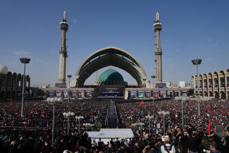 A crowd attends the start of the dayslong funeral ceremonies at the Imam Khomeini Mosalla Grand Mosque in Tehran, Iran, Saturday, July 4, 2026.