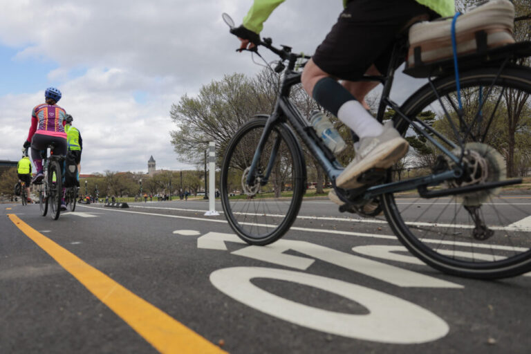 Cyclists ride in protest along 15th Street after plans to remove bike lanes sparked opposition on March 23 in Washington, D.C.