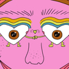 Close-up illustration of a person's face, focused on their eyes, which are heart-shaped. The two heart-shaped eyes have arms and legs and are holding hands. The person is smiling widely.