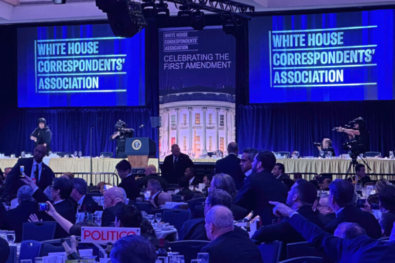 Members of the U.S. Secret Service counter assault team stand on the stage after a shooting incident outside the ballroom during the White House Correspondents Dinner on April 25 in Washington.