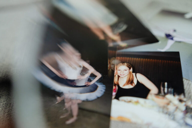 Photos of Dani Bensky from her childhood and teen years sit on her couch. The photo on the right was taken when she was 17, around the time she first met Jeffrey Epstein.