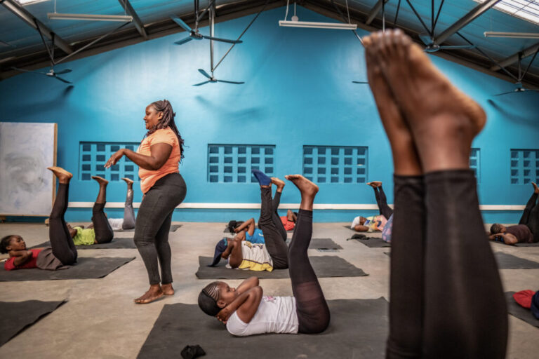 Buildher students take part in a yoga class at the training facility in Nairobi, Kenya.