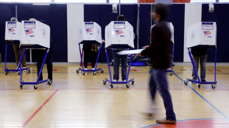 People stand in voting booths that have a U.S. flag on the side of them.