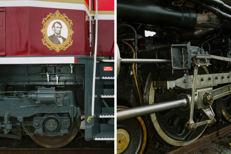 A detail of Union Pacific Locomotive No. 1616, a commemorative train car honoring President Abraham Lincoln, is seen connected to Union Pacific’s Big Boy No. 4014.