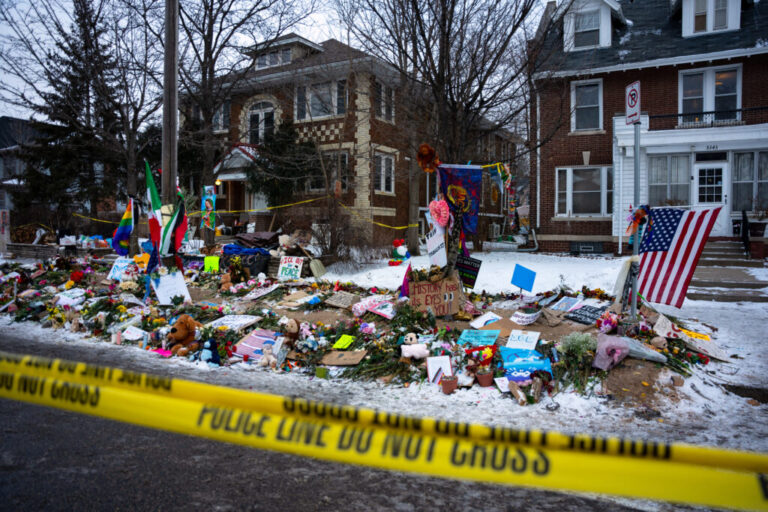 A makeshift memorial for Renee Macklin Good, who was fatally shot by an ICE officer on Jan. 7, is seen on Jan. 20, in Minneapolis.