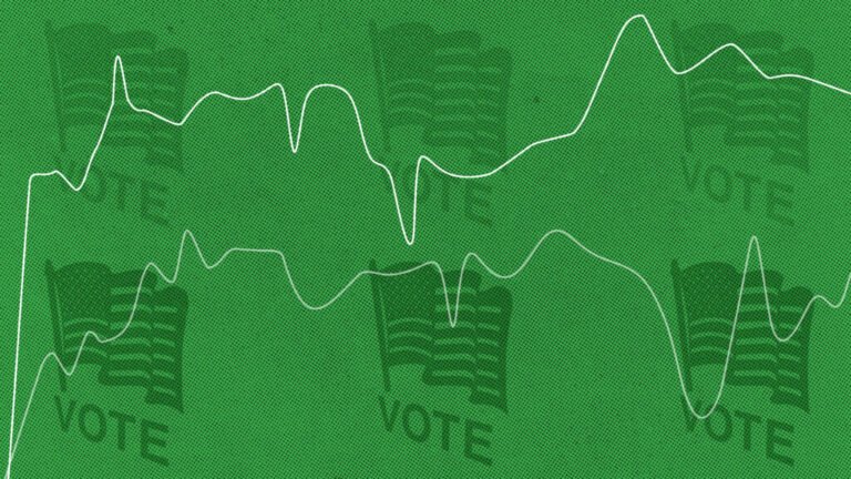 An illustration that shows line charts and voting signs with American flags.