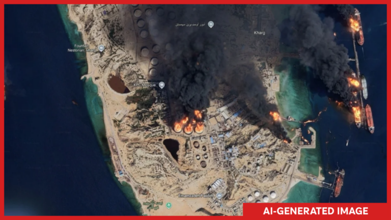 An AI-generated image showing multiple fires on and near Kharg Island, Iran located in the Persian Gulf.