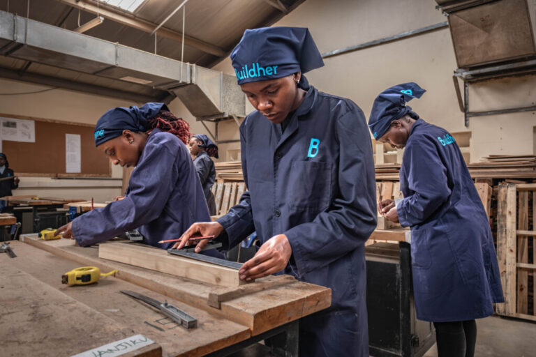 Students take part in a carpentry class at the Buildher Academy in Nairobi, Kenya.