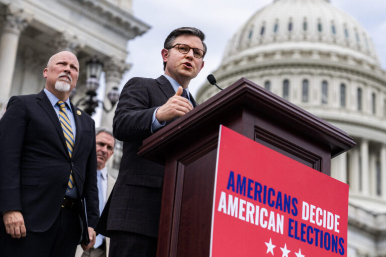 Speaker of the House Mike Johnson (R-La.), Rep. Chip Roy (R-Texas) (left), and Ken Cuccinelli (background), former attorney general of Virginia, hold a news conference on the House steps of the U.S. Capitol to introduce the