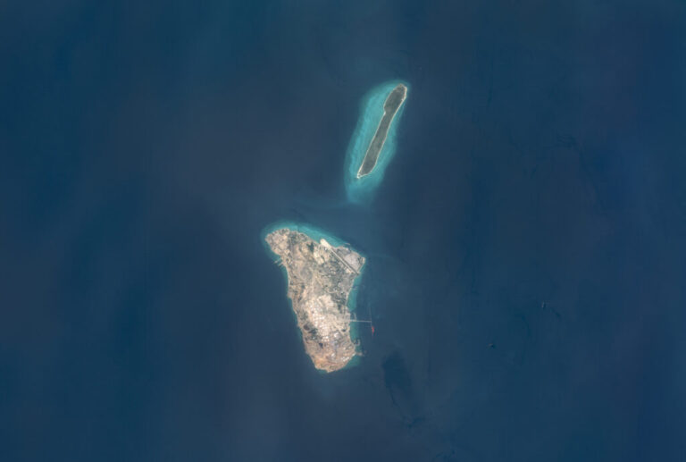 Maps4Media processed and enhanced Sentinal-2 satellite imagery shows Kharg Island and nearby Khargu Island in the Persian Gulf. The U.S. military said it hit a commercial vessel that was headed toward Kharg Island and allegedly trying to avoid the U.S. blockade on Iran on Wednesday.