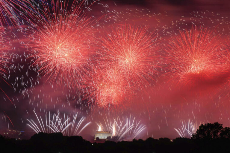 Fireworks explode over the Lincoln Memorial during Salute to America, an Independence Day event honoring the nation's 250th anniversary, early Sunday, July 5, 2026, on the National Mall in Washington as seen from Arlington, Va.