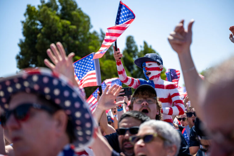 US national men’s team soccer fans cheer before marching to the San Francisco Bay Area stadium for the FIFA World Cup game between the USA and Bosnia Herzegovina in Santa Clara, Calif., on July 1, 2026.