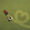 Illustration of a couple sitting on the grass seen from above. One person is mowing the lawn and another is watching them from a distance. The lawn mower forms a loopy heart shape as the person mows the lawn.