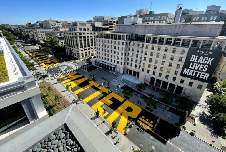 Black Lives Matter Plaza on 16th Street is repainted following the removal of the lettering for a construction project on May 13, 2021 in Washington, DC. The words