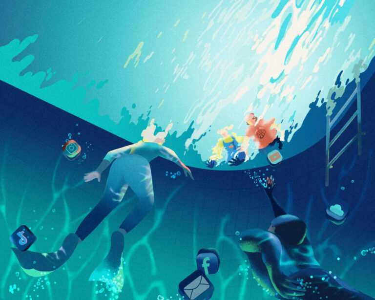 An illustration shows two adult parents swimming in a pool from a low angle. They are surrounded by floating icons from various social media apps, including Instagram, TikTok, Facebook, email, and cloud storage. From the low angle, you can see two children standing at the edge of the pool above the water, reaching down into the pool to try to pull their parents out of the pool and into the real world.
