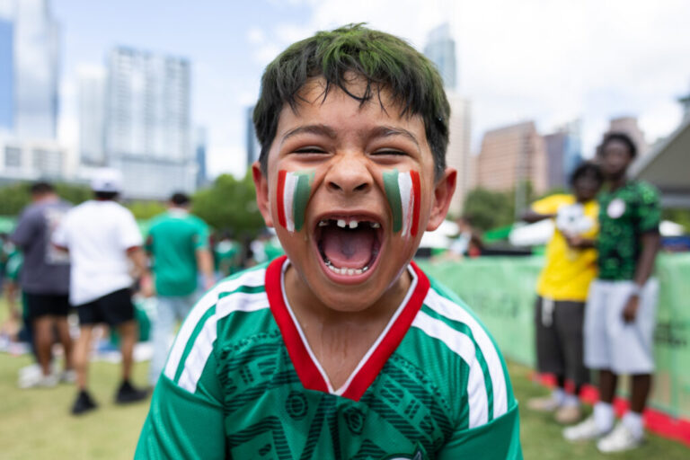Nehemiah, 6, screams for Mexico during halftime at Auditorium Shores during Austin FC's FIFA World Cup watch party for Mexico and South Africa on Thursday, June 11.