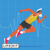 An illustration depicts an older adult male with white hair and a full beard, wearing glasses, a yellow tank top, black running shorts, red tennis shoes, and a black sweat band, caught mid-stride a running posture. In the background, a blue grid is overlaid with an EKG graph.