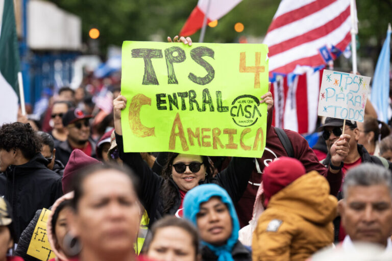 Demonstrators march in Washington, D.C., to demand Temporary Protected Status for Nicaragua, Honduras, Guatemala, and El Salvador back in May 1, 2023.