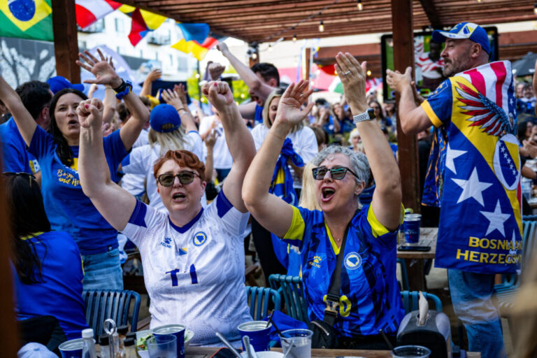 Bosnia fans watch the game at Clara’s Junction, near the San Francisco Bay Area stadium in Santa Clara.