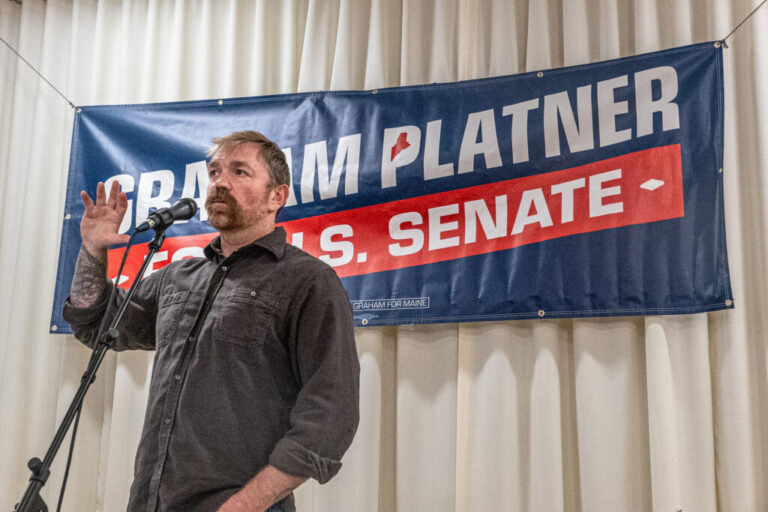 Graham Platner speaks to voters at a town hall at the Elks Lodge 188 on June 7, 2026 in Portland, Maine.