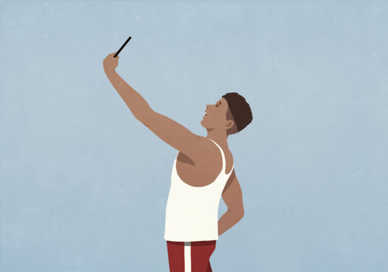 Illustration shows a male wearing a white tank top looking up at a cellphone he holds in one hand.
