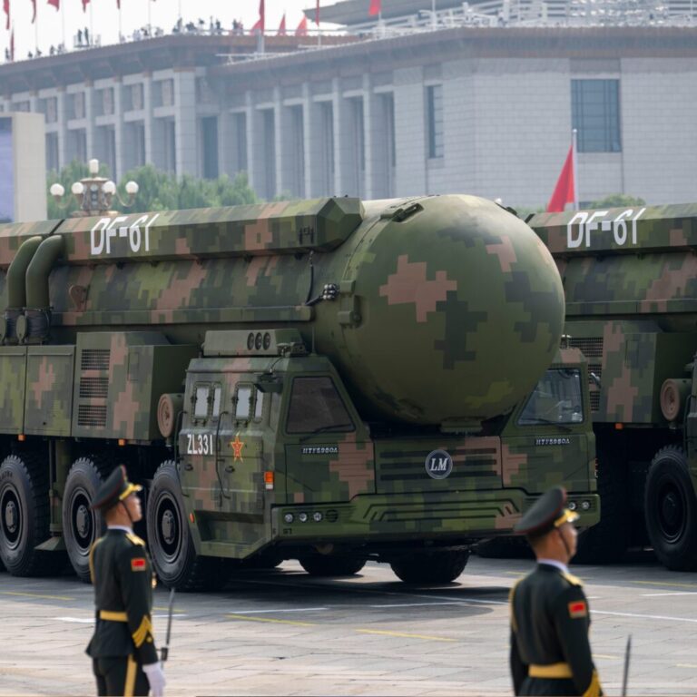 Land-based DF-61 intercontinental ballistic missiles of the nuclear missile formation appear in Tiananmen Square, September 3, 2025, in Beijing.