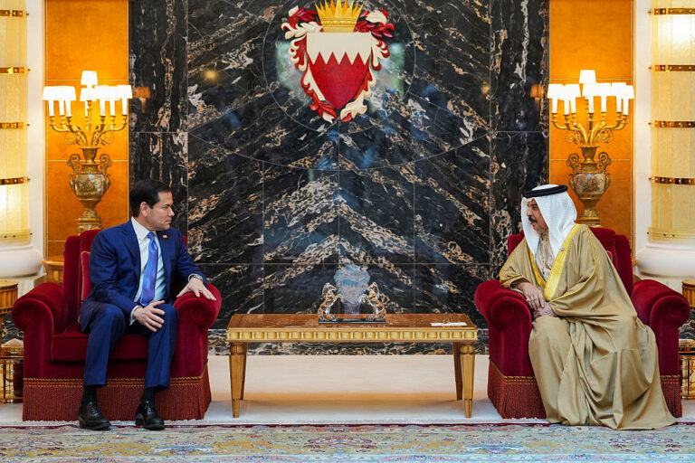 Secretary of State Marco Rubio (left) meets with Bahrain's King Hamad bin Isa al-Khalifa during Rubio's visit to the Middle East to discuss the interim deal between the U.S. and Iran with Arab Gulf allies, and to attend a meeting by members of the Gulf Cooperation Council (GCC), at Al-Sakhir Palace, near Zallaq, on June 25.