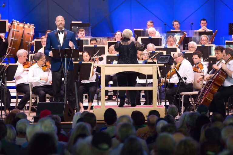 Baritone Zachary James and the Boston Symphony Orchestra, led by conductor Karen Kamensek, perform Philip Glass' Symphony No. 15 'Lincoln' at Tanglewood in Lenox, Mass. on July 5, 2026.