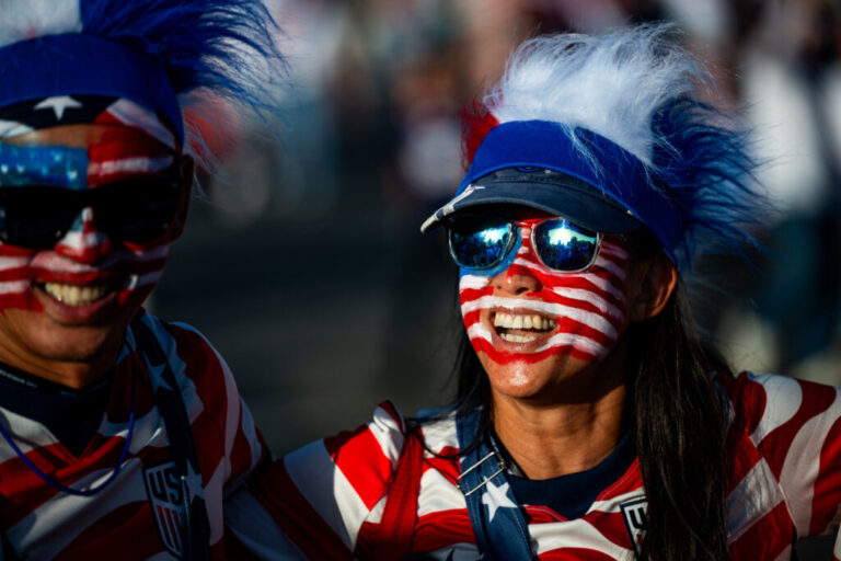 nny Wen celebrates the U.S. win outside the stadium in Santa Clara.
