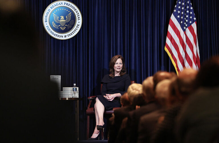 Supreme Court Justice Amy Coney Barrett speaks at the Reagan Library on Sept. 9, 2025, in Simi Valley, Calif. Barrett discussed and signed copies of her new book, Listening to the Law: Reflections on the Court and Constitution.