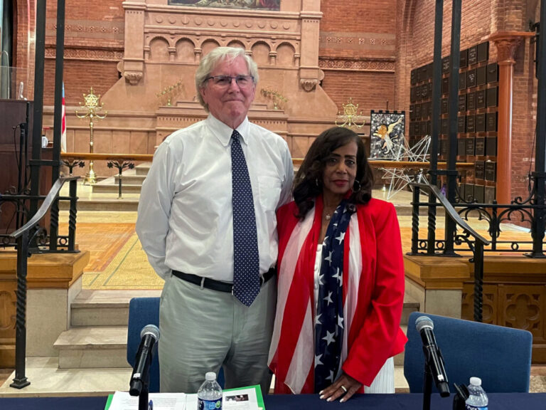 Charlie Taney, the great-great-grandnephew of the man who wrote the Dred Scott opinion, and Lynne Jackson, Scott's great-great-granddaughter, speak at an event at St. Mark's Episcopal Church on Capitol Hill on June 30.
