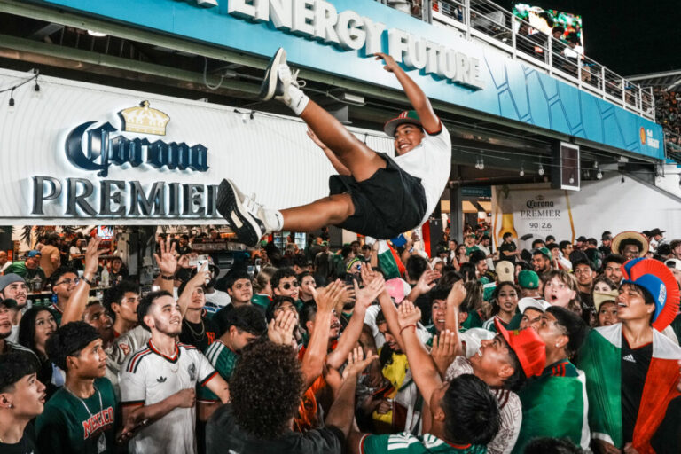 Mexico fans reacts to its national team scoring against the Czech Republic during a watch party at Shell Stadium in Houston on June 24.