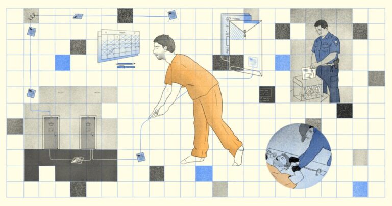 An illustration with a pale yellow background shows, at center, a man in an orange prison uniform pulling on a string that is connected to a postage stamp, which is then connected to the bottom of a prison cell door, and then connected to a letter on the floor, which is connected to another prison cell door.  From left to right, there is a calendar with most of the days of the month crossed off; a document envelope and some documents behind it; a prison official shredding a document; and an incarcerated person with his hands shackled to a slab while a correctional officer holds his left hand down. Scattered around the illustration are gray and blue blocks, and over the entire illustration, there is a grid made up of thin light blue lines.