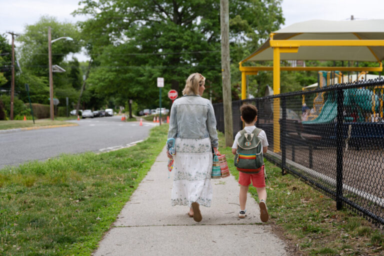 Dani Bensky walks her 6-year-old son to school in New Jersey.
