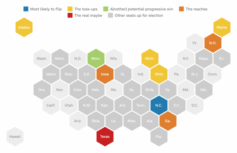 U.S. tile grid map showing states with Senate races this year. Some states are highlighted by level of competitiveness.