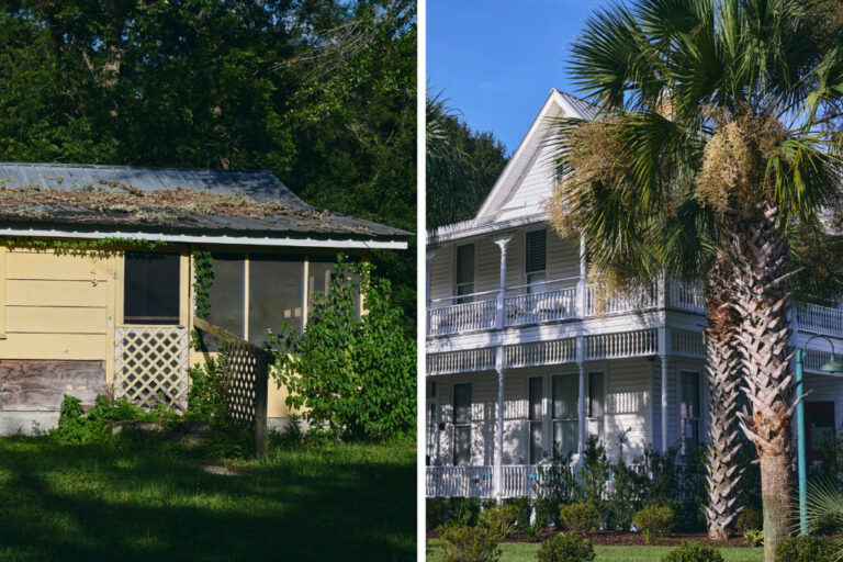 The photo on the left shows a one-story home in Walton County. It is light yellow and has a screened-in porch on one side. The photo on the right shows a large, white, three-story house in Walton County, with a wrap-around porch on the ground floor and a wrap-around balcony on the second floor.