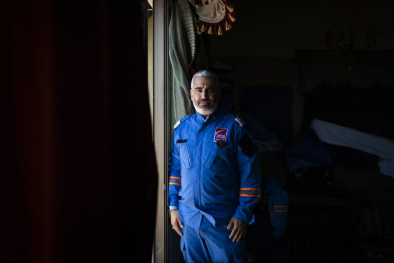 Portrait of Mohammed Suleiman, chief paramedic of Nabatieh. His son, Joud Suleiman, was killed in an Israeli strike in March while en route to a rescue mission, alongside Ali Jaber, 24.