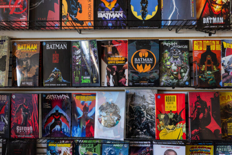 Dozens of Batman comic books on display at Alter Ego Comics.