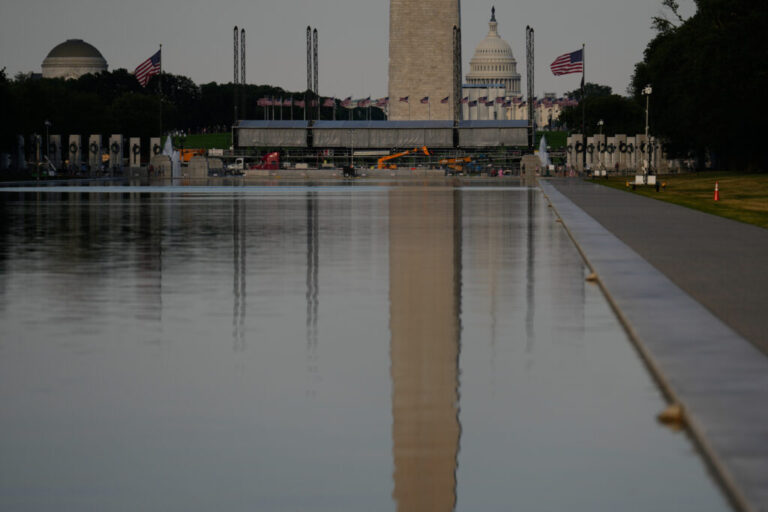 The U.S. Capitol and the Washington Monument are reflected in the Lincoln Memorial Reflecting Pool Thursday, June 25, 2026, in Washington.